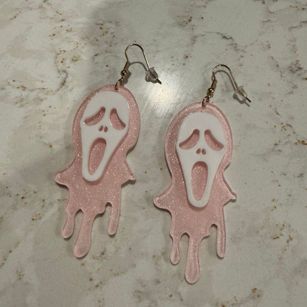 Pink‎ White Drip Scream Halloween Sparkle Earrings Trendy Spooky Jewelry NWT
